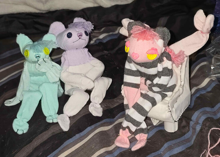 Two un-named dolls and Maxine, a doll purchased from me shortly after completing + sharing online.